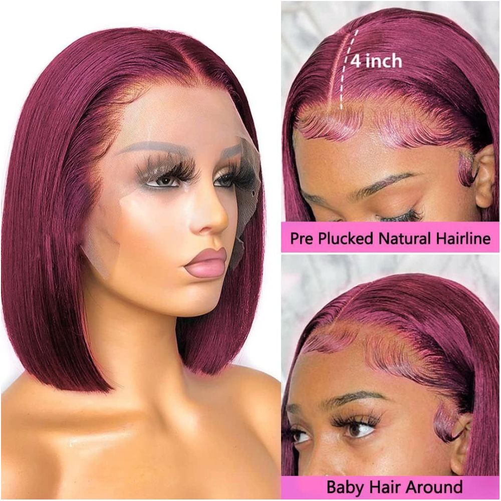 13x4 99j burgundy human hair short bob wig lace wig short hair image 2