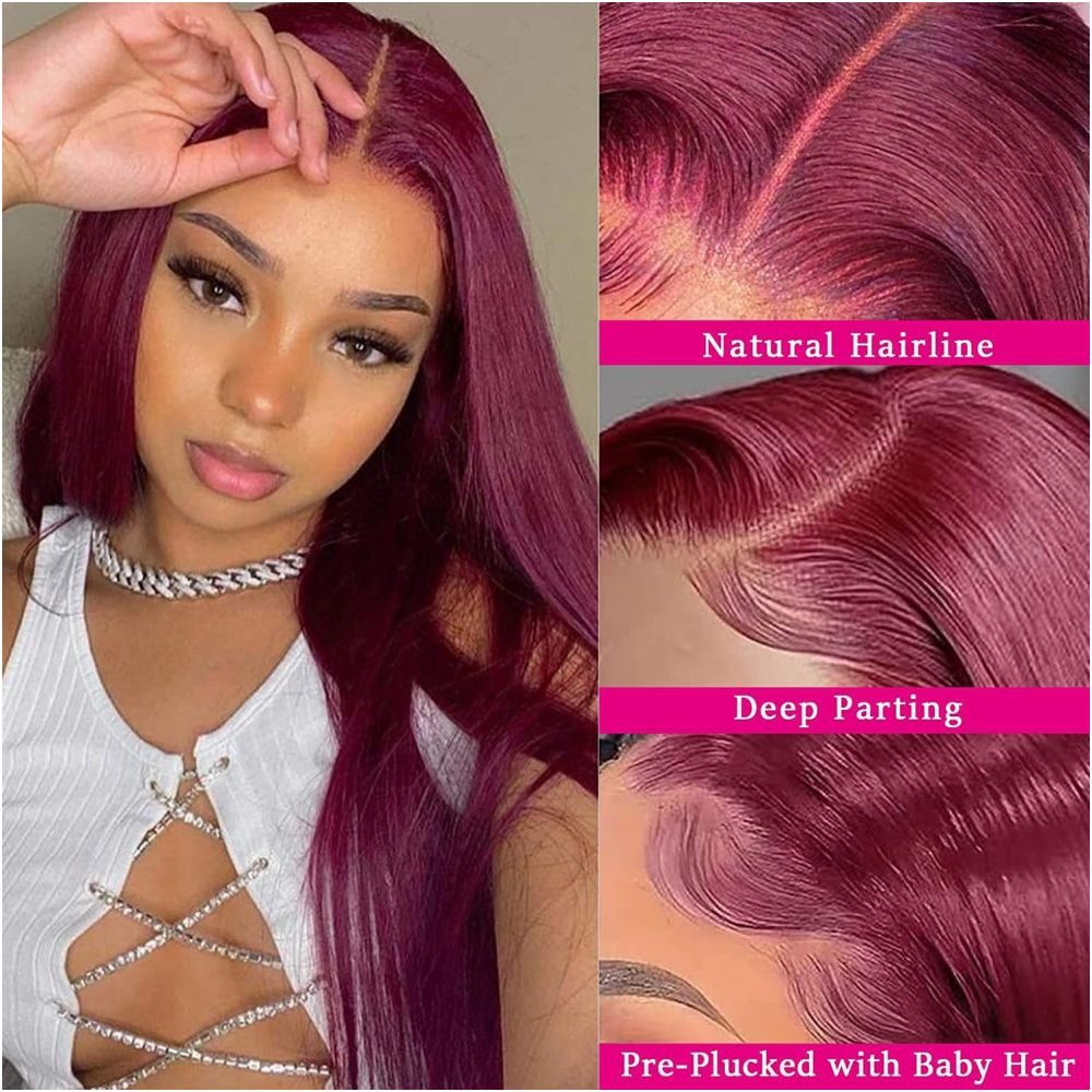 Cross border European and American style lace human hair wig head cover wine red long straight hair Amazon hot seller 99J factory direct sales image 0