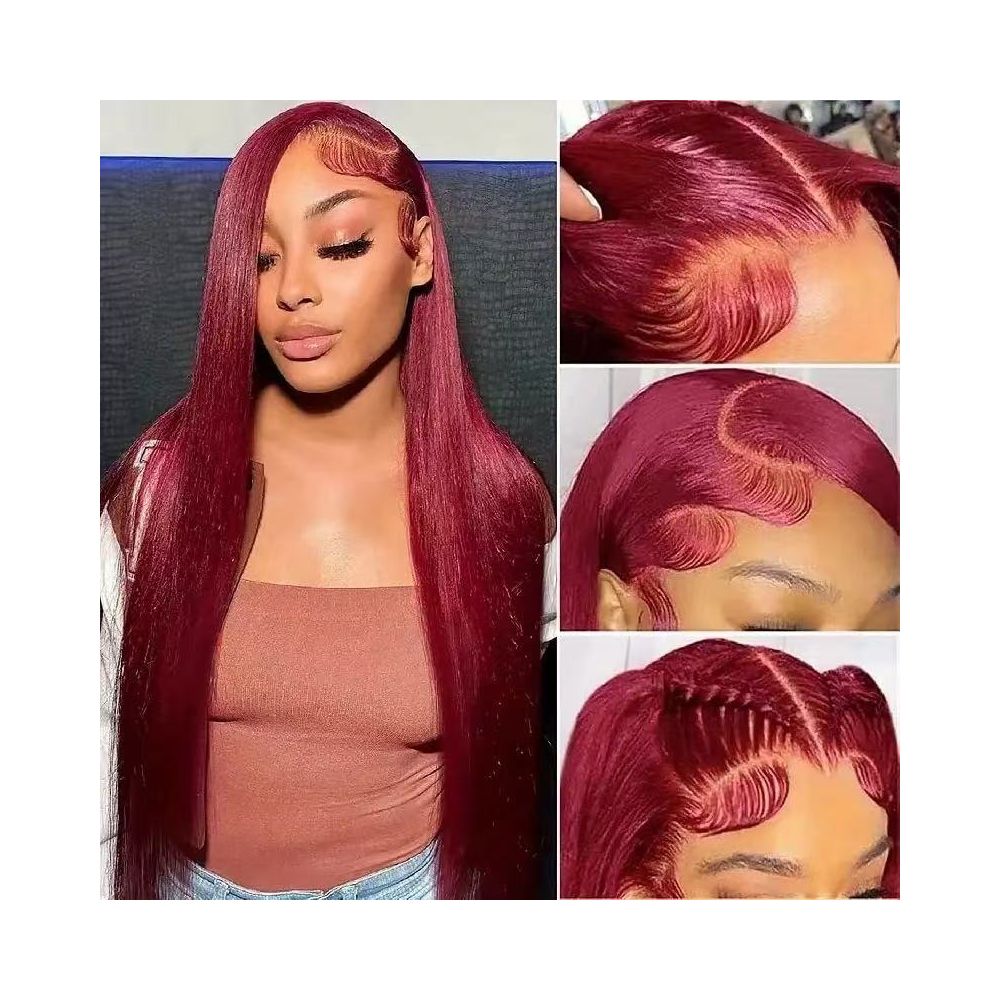 Cross border European and American style lace human hair wig head cover wine red long straight hair Amazon hot seller 99J factory direct sales image 1