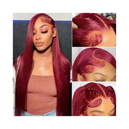 Cross border European and American style lace human hair wig head cover wine red long straight hair Amazon hot seller 99J factory direct sales image 1