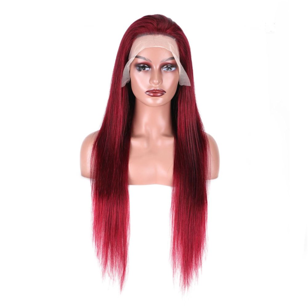 Cross border European and American style lace human hair wig head cover wine red long straight hair Amazon hot seller 99J factory direct sales image 3