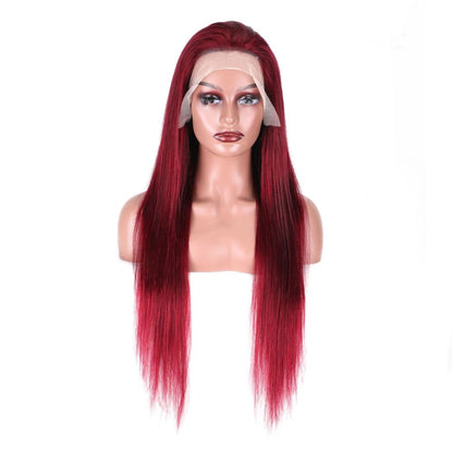 Cross border European and American style lace human hair wig head cover wine red long straight hair Amazon hot seller 99J factory direct sales image 3