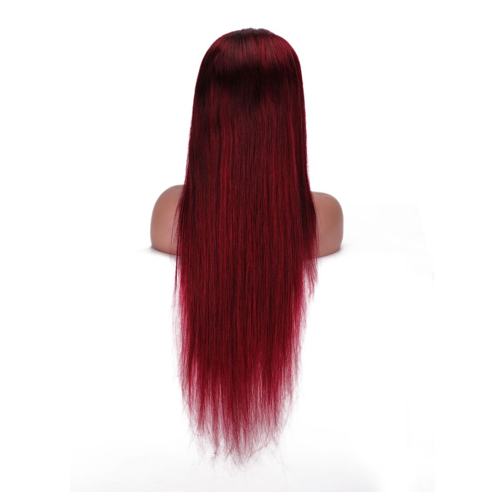 Cross border European and American style lace human hair wig head cover wine red long straight hair Amazon hot seller 99J factory direct sales image 4