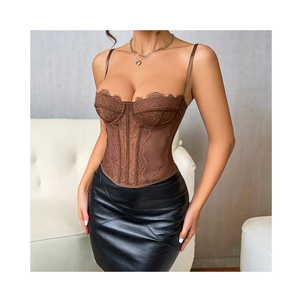 Sexy lace strapless short sweet style suspender with backless perspective design suitable for bohemian embroidery style image 0