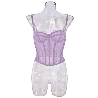 Sexy lace strapless short sweet style suspender with backless perspective design suitable for bohemian embroidery style