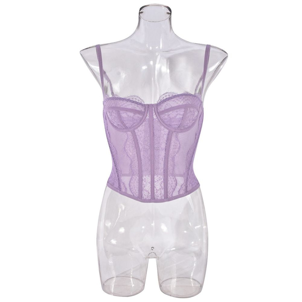 Sexy lace strapless short sweet style suspender with backless perspective design suitable for bohemian embroidery style