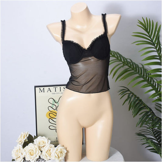European and American style hot girl pure desire camisole mesh with steel ring shaping sexy strapless backless transparent outerwear vest for women