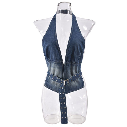 Street fashion American spicy girl style deep V hanging neck backless camisole vest metal belt washed denim top for women