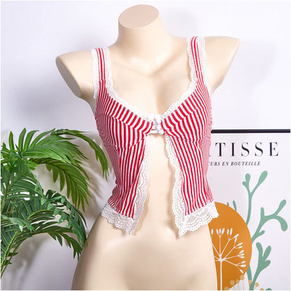 Tank top sexy lace camisole top summer new style vacation base revealing chest short striped lace vest