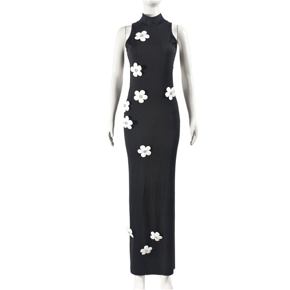 Stand up sleeveless A line elastic long skirt with detachable flower design suitable for spring summer autumn winter big flower polyester fiber sexy style long skirt
