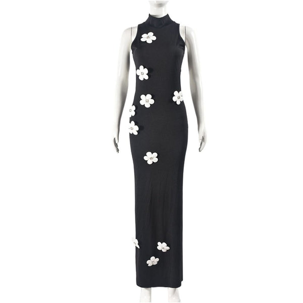 Stand up sleeveless A line elastic long skirt with detachable flower design suitable for spring summer autumn winter big flower polyester fiber sexy style long skirt