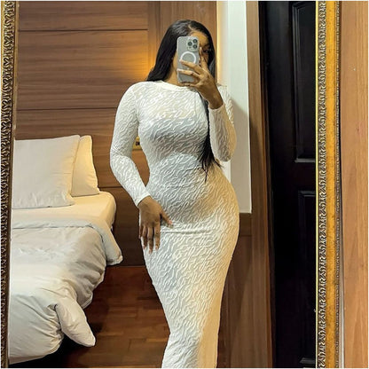 Tall beauty light through outfit autumn and winter new cross border round neck long sleeved plush 41471 slim fit European and American dress for women