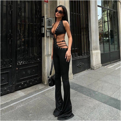 Lace up backless flared pants jumpsuit 2025 summer lace up micro flared jumpsuit image 2