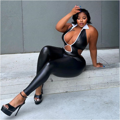 European and American trend cross border sexy fashion new hollow tight fitting shirt collar strap 51131 jumpsuit women image 2