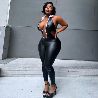 European and American trend cross border sexy fashion new hollow tight fitting shirt collar strap 51131 jumpsuit women image 3