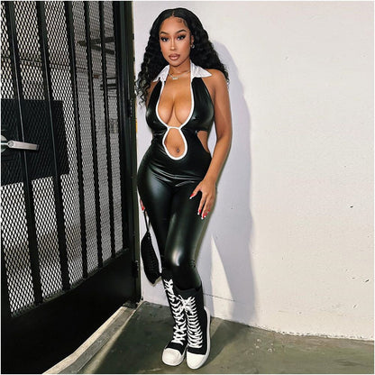 European and American trend cross border sexy fashion new hollow tight fitting shirt collar strap 51131 jumpsuit women image 4