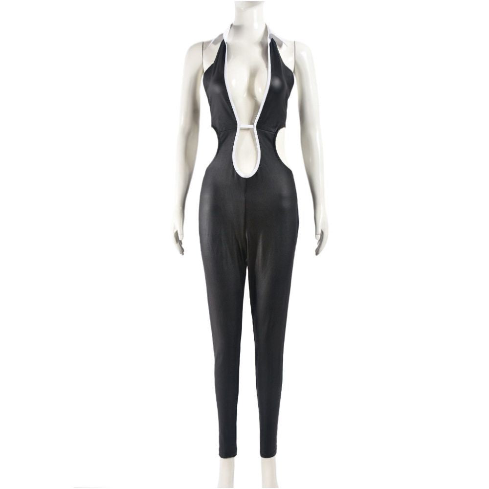 European and American trend cross border sexy fashion new hollow tight fitting shirt collar strap 51131 jumpsuit women