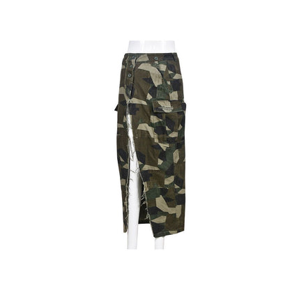 European style Camouflage skirt personalized camouflage washed with water 8805 slit skirt for women