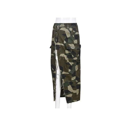 European style Camouflage skirt personalized camouflage washed with water 8805 slit skirt for women
