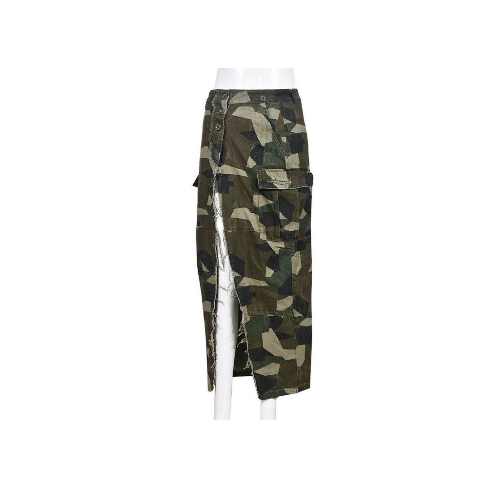 European style Camouflage skirt personalized camouflage washed with water 8805 slit skirt for women