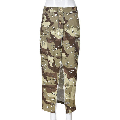 European style Camouflage skirt personalized camouflage washed with water 8805 slit skirt for women