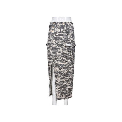 European style Camouflage skirt personalized camouflage washed with water 8805 slit skirt for women