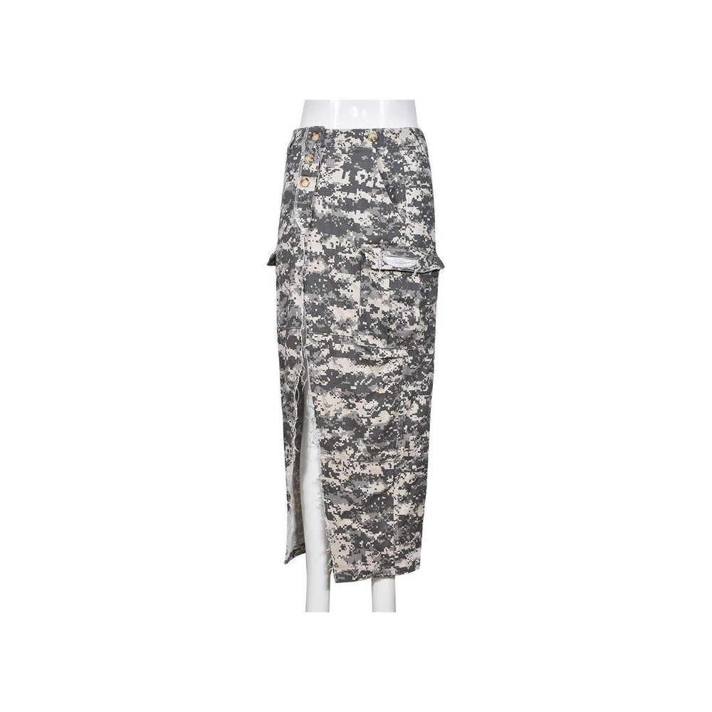 European style Camouflage skirt personalized camouflage washed with water 8805 slit skirt for women