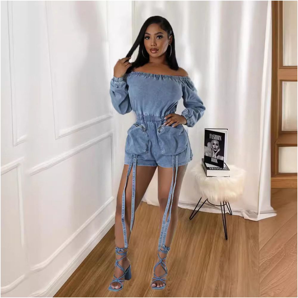 European and American style personalized multi pocket denim style sexy washable short stretch elastic chest elastic waist 9822 jumpsuit image 3
