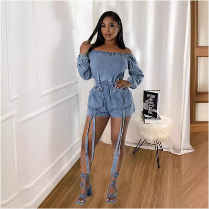 European and American style personalized multi pocket denim style sexy washable short stretch elastic chest elastic waist 9822 jumpsuit image 3