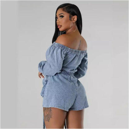 European and American style personalized multi pocket denim style sexy washable short stretch elastic chest elastic waist 9822 jumpsuit image 4
