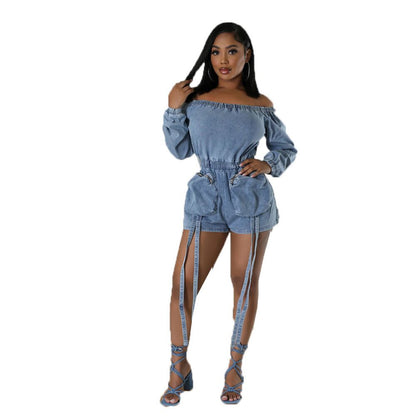 European and American style personalized multi pocket denim style sexy washable short stretch elastic chest elastic waist 9822 jumpsuit image 5