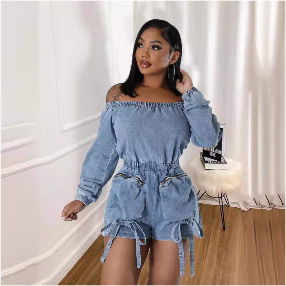European and American style personalized multi pocket denim style sexy washable short stretch elastic chest elastic waist 9822 jumpsuit image 0