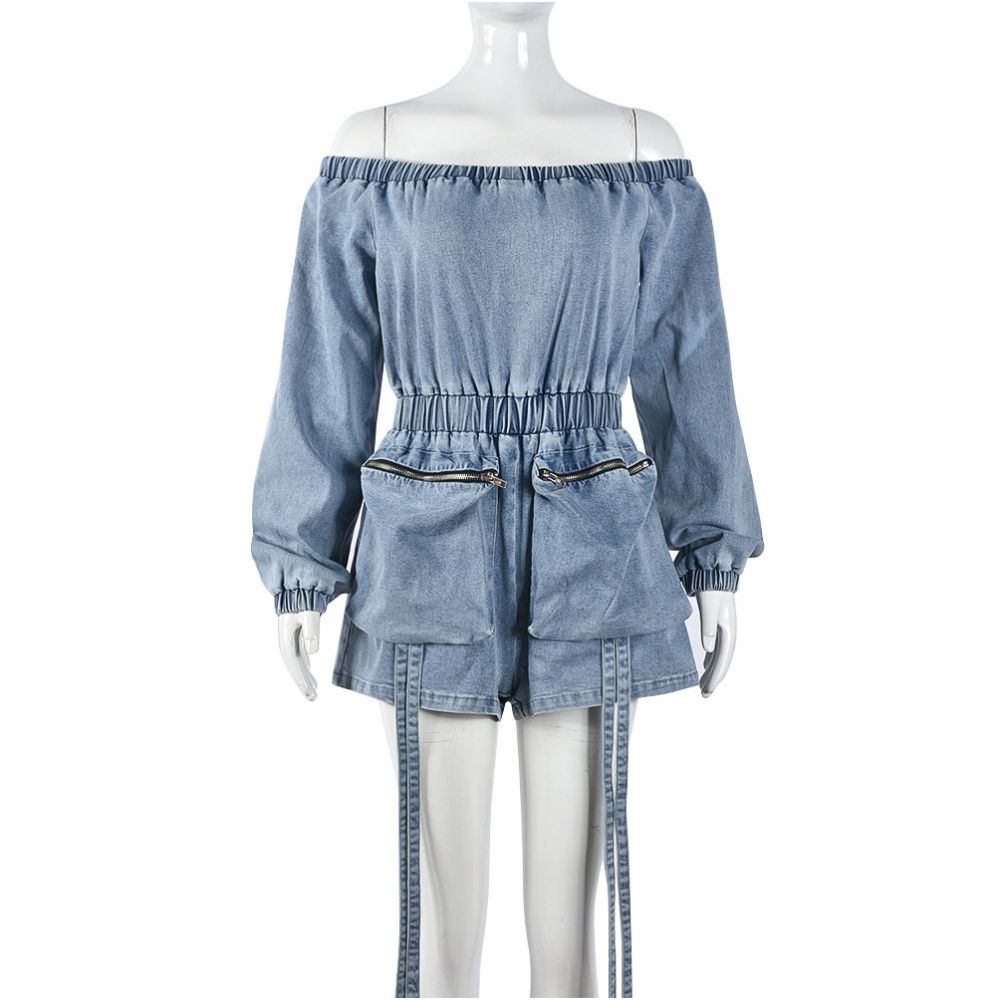 European and American style personalized multi pocket denim style sexy washable short stretch elastic chest elastic waist 9822 jumpsuit