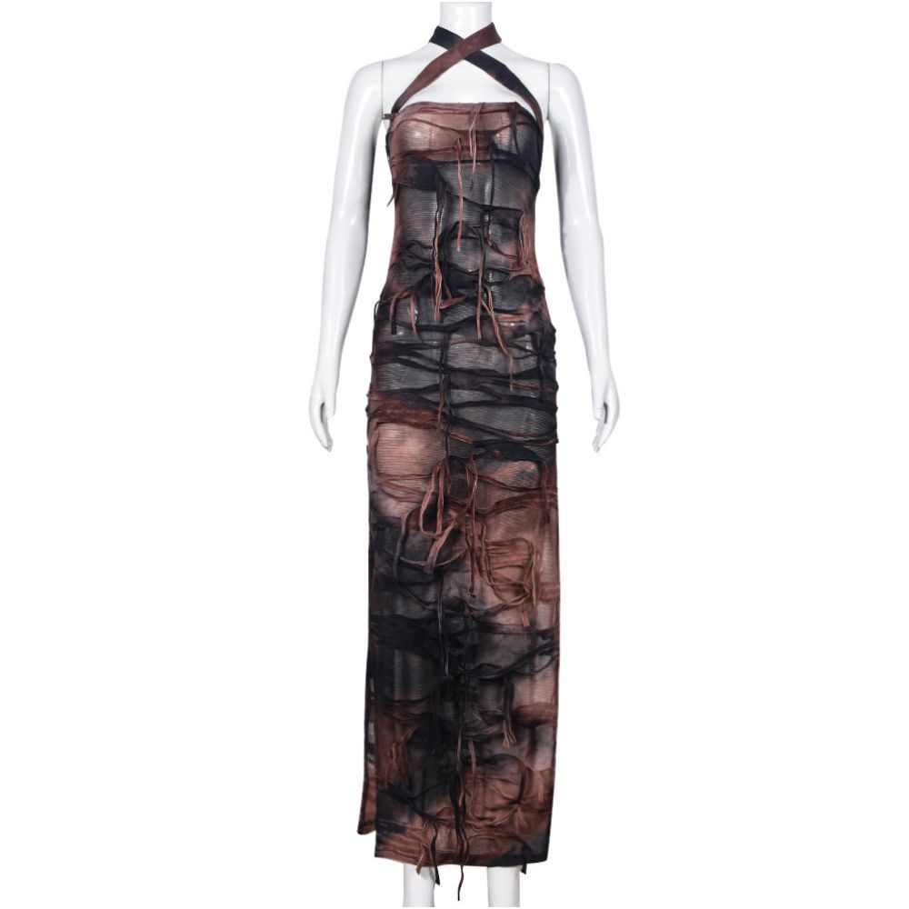 Abandoned soil style European and American spicy girls Halloween new style hanging neck wrapped chest 7925 sexy backless split tattered dress for women