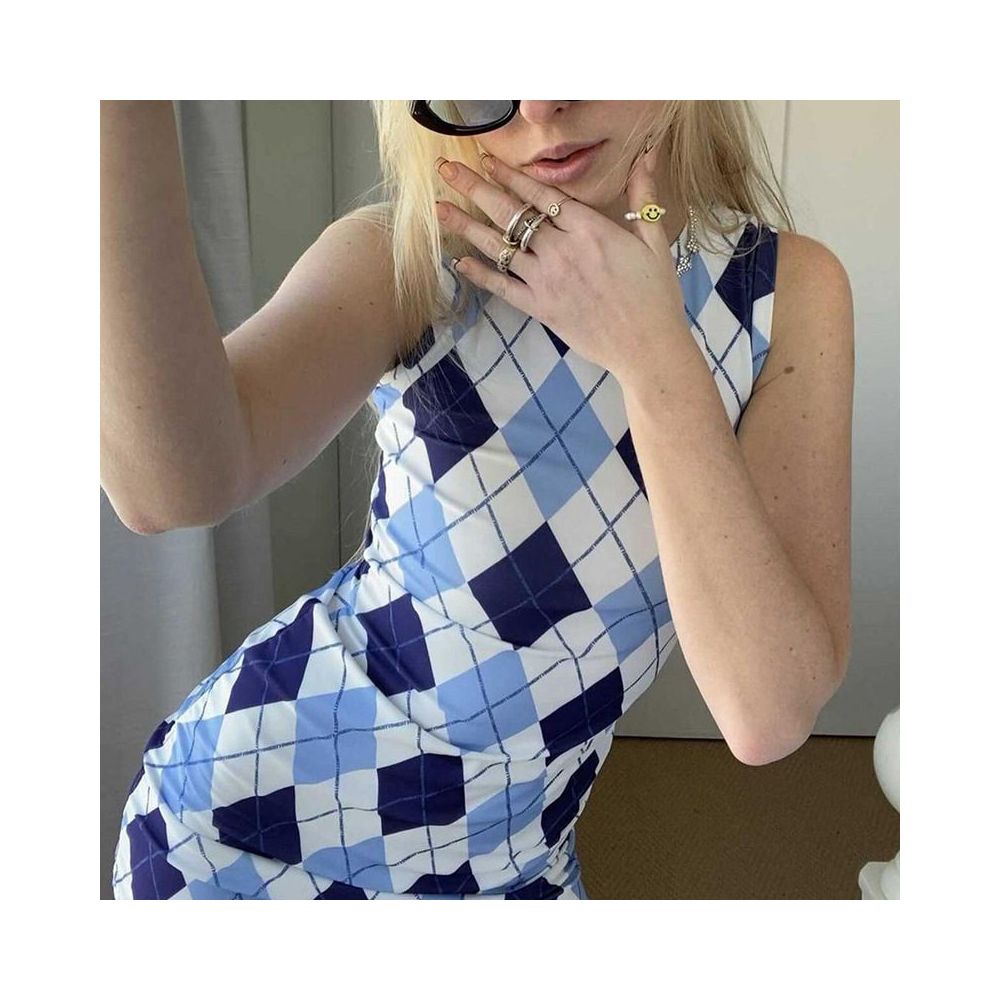 Plaid Dress Spring Summer New Product Spicy Girl Personalized Hip hugging Skirt Sexy Slimming 5151 Round Neck European and American Dress image 3