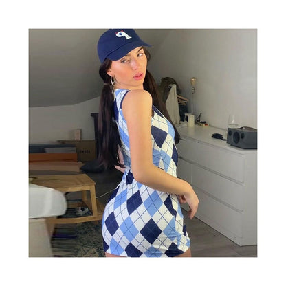 Plaid Dress Spring Summer New Product Spicy Girl Personalized Hip hugging Skirt Sexy Slimming 5151 Round Neck European and American Dress image 4