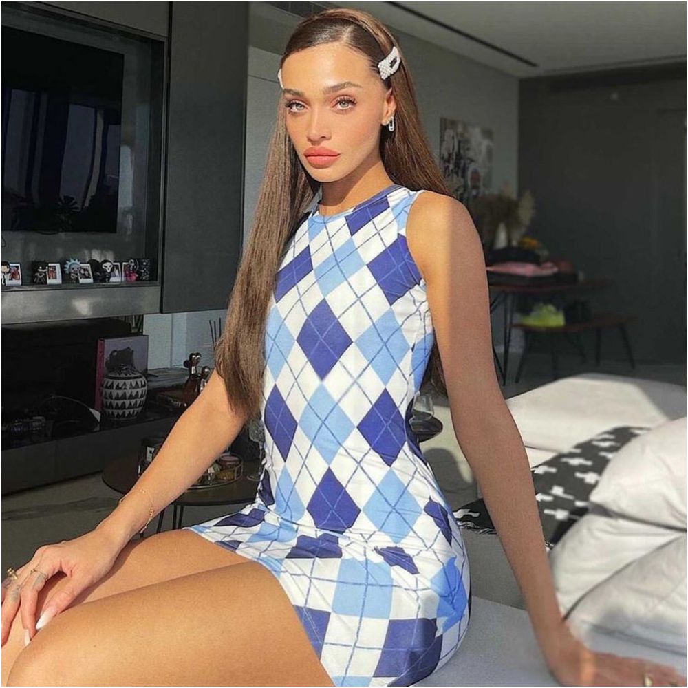 Plaid Dress Spring Summer New Product Spicy Girl Personalized Hip hugging Skirt Sexy Slimming 5151 Round Neck European and American Dress image 0