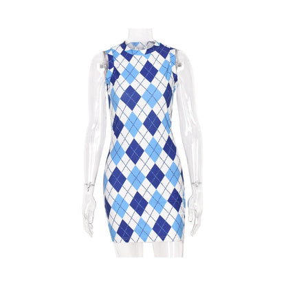 Plaid Dress Spring Summer New Product Spicy Girl Personalized Hip hugging Skirt Sexy Slimming 5151 Round Neck European and American Dress
