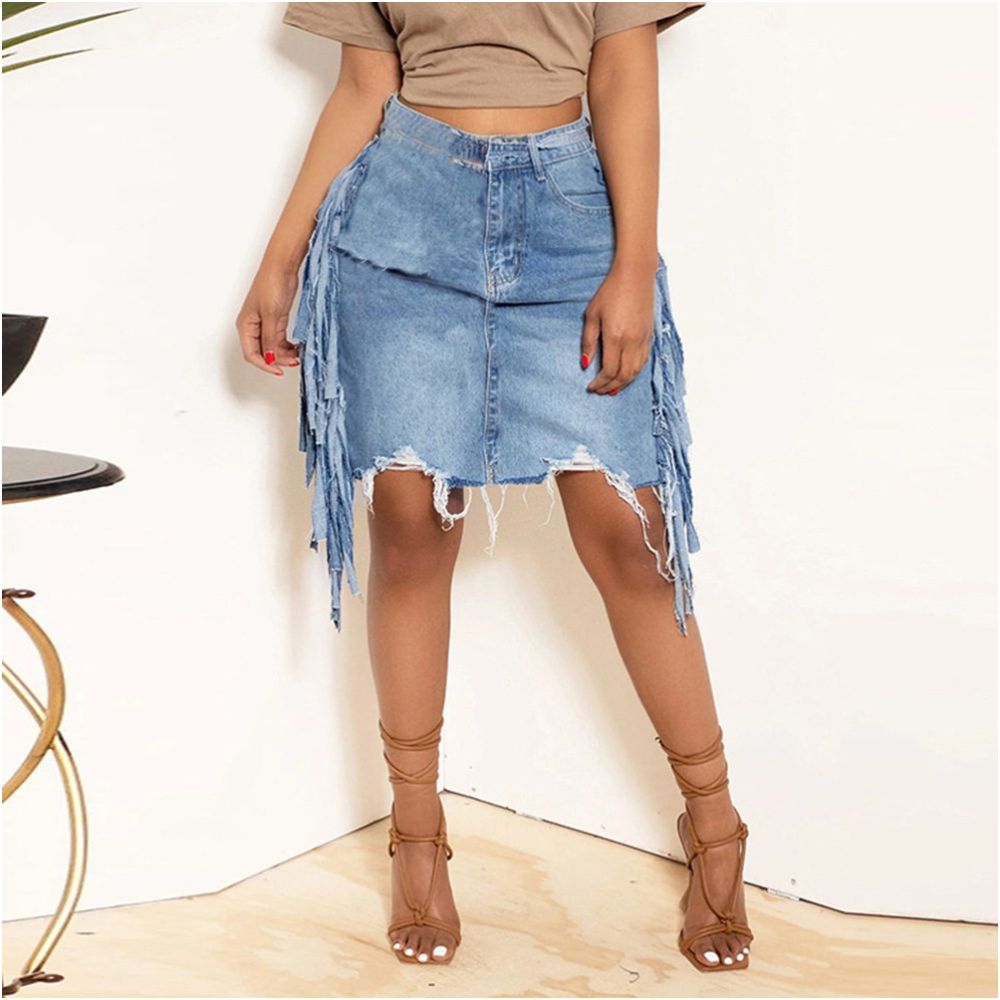 European and American Cowboy Street Autumn Women s Fashion Personalized Cowboy Laundry Pocket Split 9395 Tassel Half Body Skirt for Women image 1