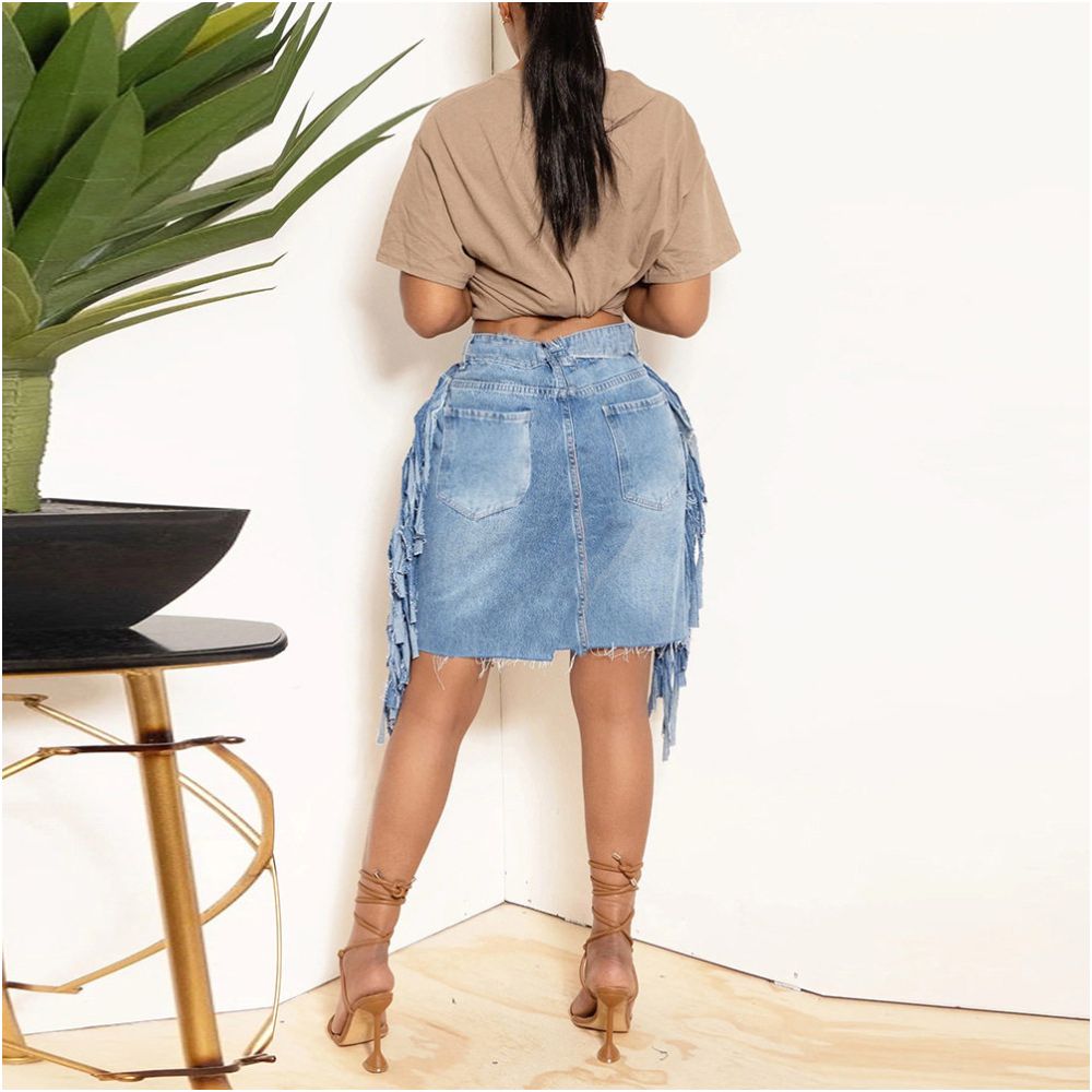 European and American Cowboy Street Autumn Women s Fashion Personalized Cowboy Laundry Pocket Split 9395 Tassel Half Body Skirt for Women image 3
