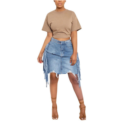 European and American Cowboy Street Autumn Women s Fashion Personalized Cowboy Laundry Pocket Split 9395 Tassel Half Body Skirt for Women image 5