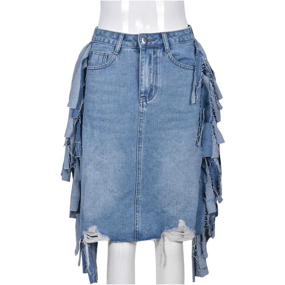 European and American Cowboy Street Autumn Women s Fashion Personalized Cowboy Laundry Pocket Split 9395 Tassel Half Body Skirt for Women