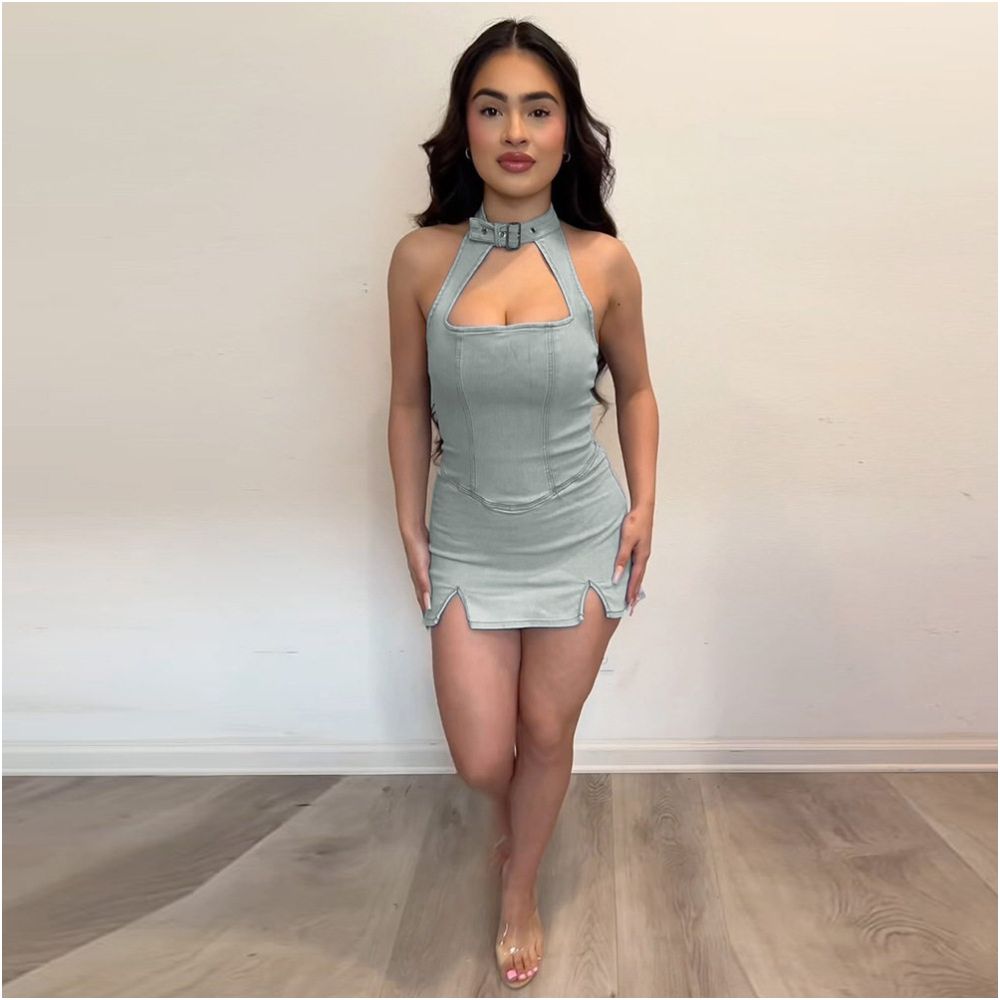 European and American women s elastic denim buttoned neck dress with chest wrap and sexy spicy girl hollow 51177 zipper hip wrap skirt for women image 1