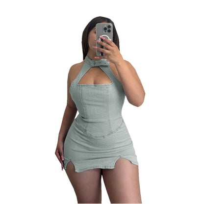European and American women s elastic denim buttoned neck dress with chest wrap and sexy spicy girl hollow 51177 zipper hip wrap skirt for women image 5
