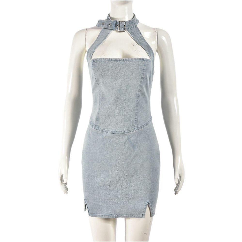 European and American women s elastic denim buttoned neck dress with chest wrap and sexy spicy girl hollow 51177 zipper hip wrap skirt for women