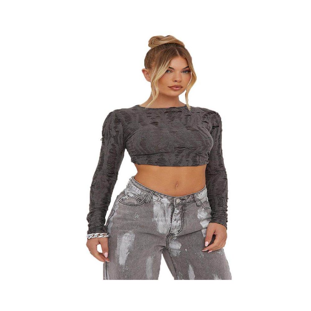 Abandoned soil style spicy girl personality trend European and American Halloween trend ripped long sleeved open navel slim fit 9709 short autumn top image 5