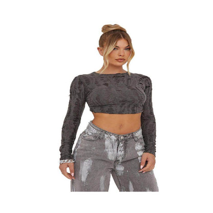 Abandoned soil style spicy girl personality trend European and American Halloween trend ripped long sleeved open navel slim fit 9709 short autumn top image 5