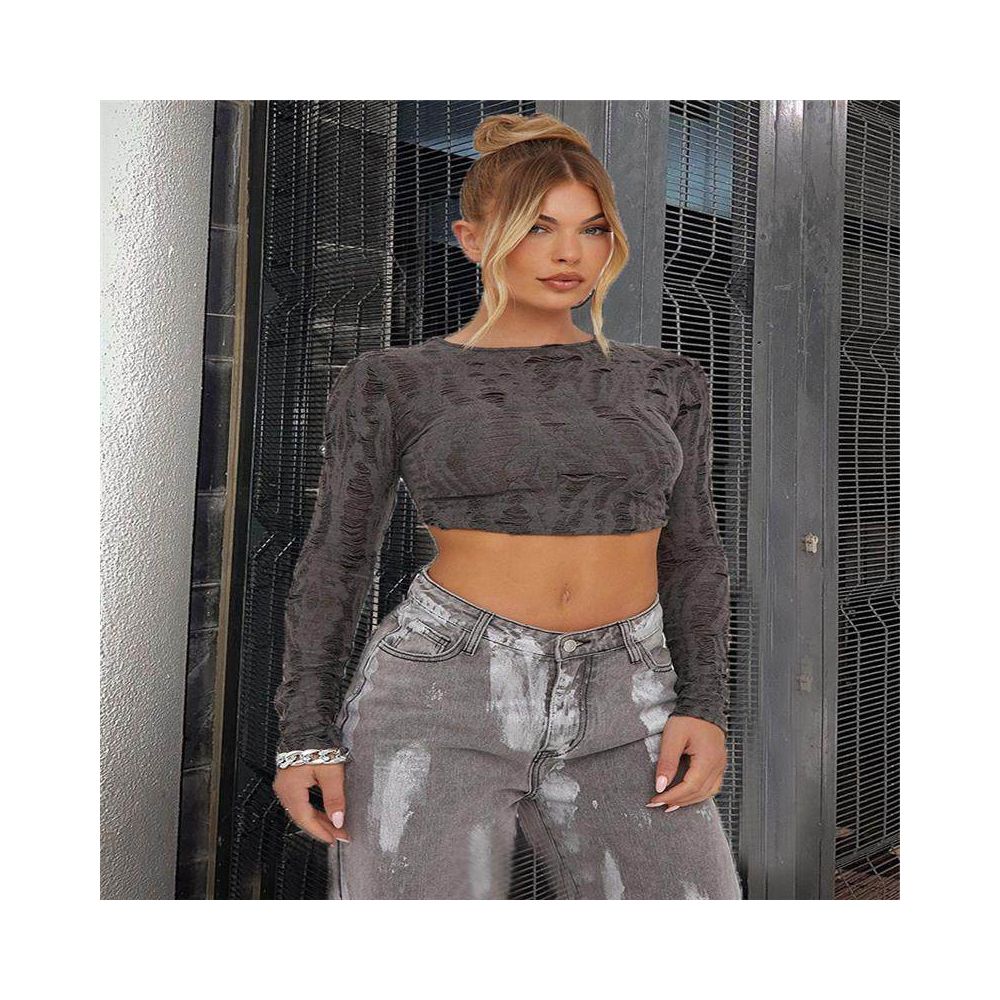 Abandoned soil style spicy girl personality trend European and American Halloween trend ripped long sleeved open navel slim fit 9709 short autumn top image 0
