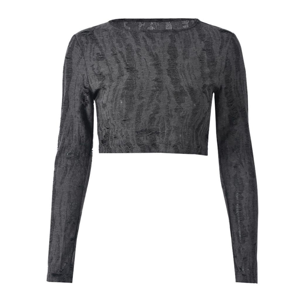 Abandoned soil style spicy girl personality trend European and American Halloween trend ripped long sleeved open navel slim fit 9709 short autumn top