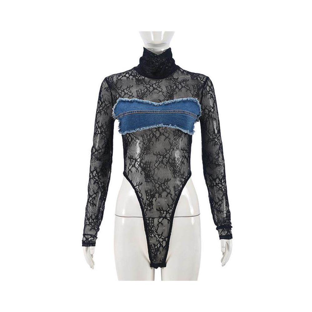 Bold girl wearing European and American new sexy hot girl combo 51332 see through lace color blocked jumpsuit for women image 4